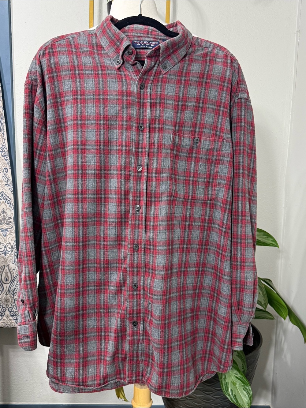 Roundtree & Yorke Big Man 3X Big Portuguese Flannel Shirt Red Gray Plaid Cotton